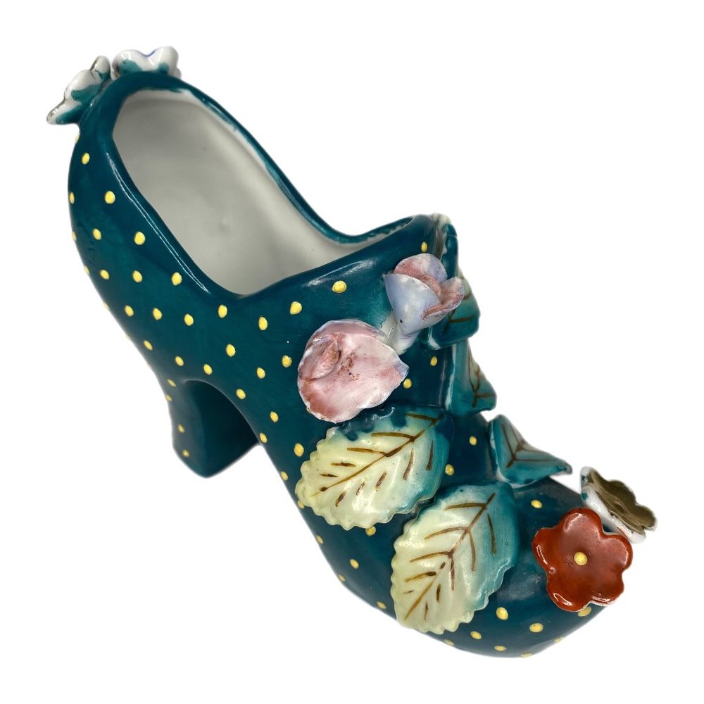 Vintage Green Polka Dot Ceramic High Heel Shoe With Applied Flowers & Leaves